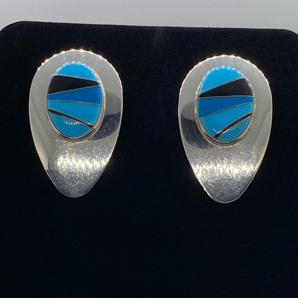 Sterling Silver Block Multi Stone Inlay Post Earrings SIGNED turquoise Navajo - Picture 12 of 16